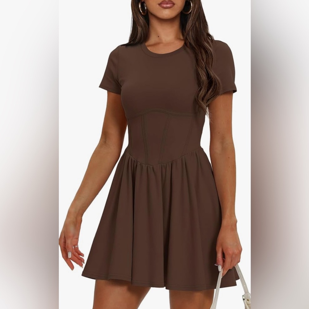 Crew Neck Short Sleeve A Line Dresses Drop Waist Pleated Swing T Shirt Short